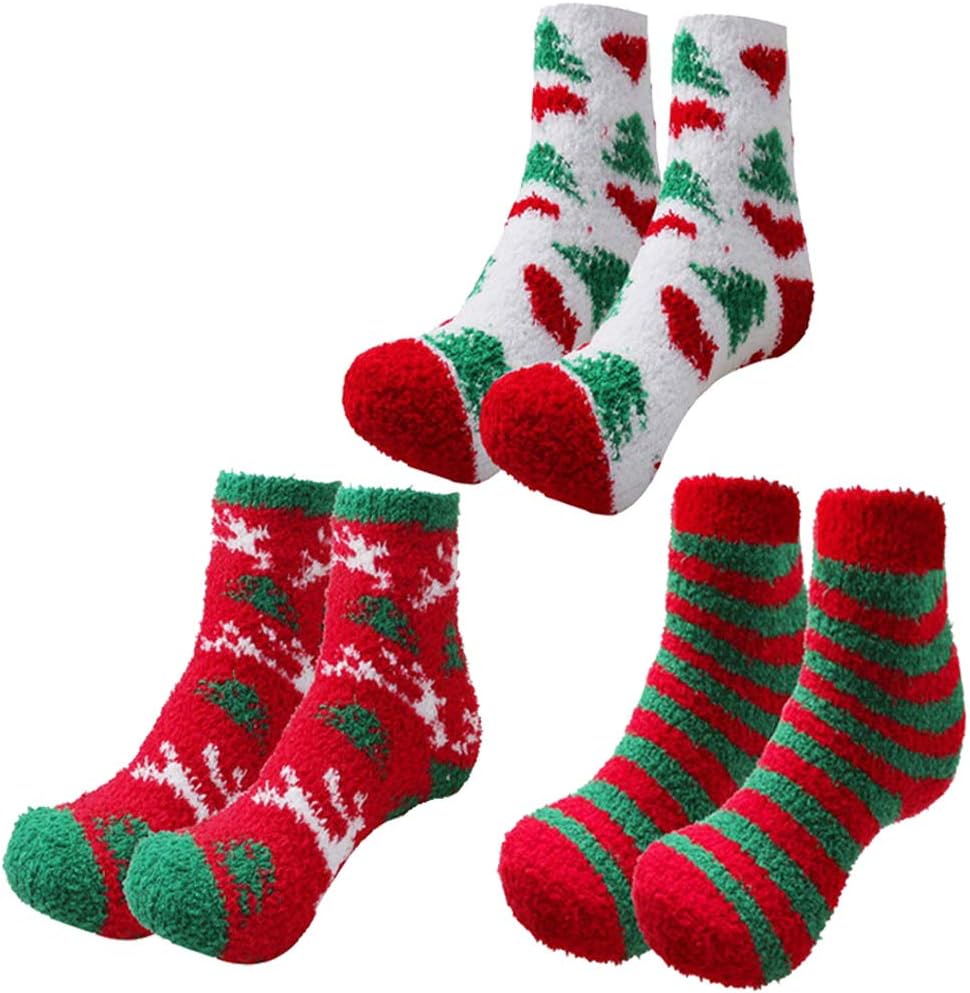 nuoshen3 Pairs Women's Christmas Fuzzy Fluffy Socks, Winter Indoor Cozy Warm Slipper Bed Socks, Xmas Gifts