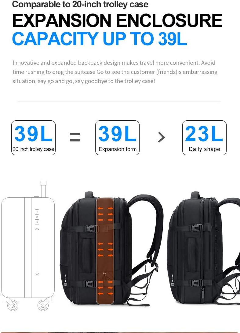High Capacity Backpack for Men Women College Students Travel Business Office Outdoor Book Bag with Extra Handles and Hidden Storage USB Charging Waterproof Water Resistant Fits 17 inch laptop - Black