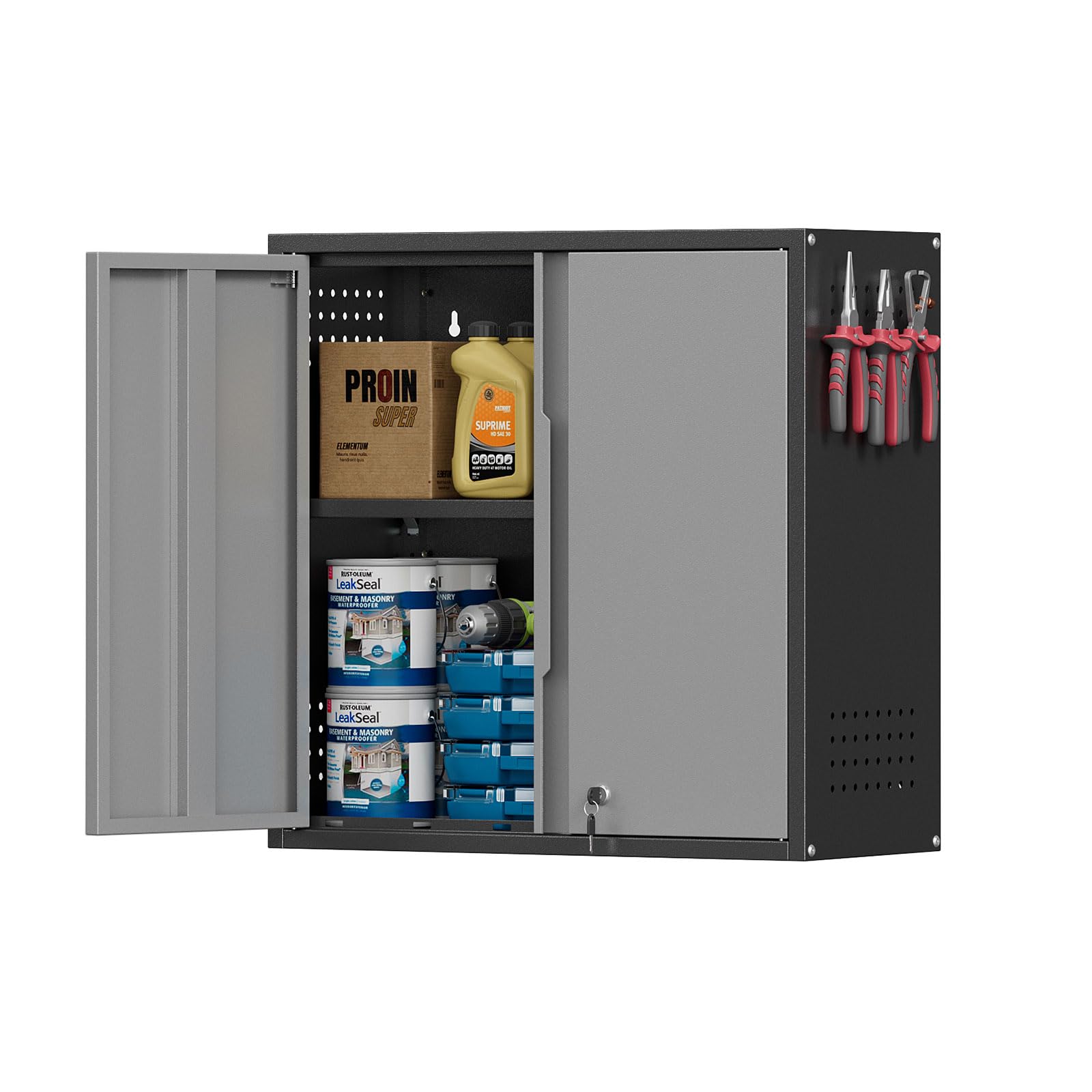Garage Wall Cabinet, Metal Garage Cabinets with 2 Doors and Adjustable Shelf, Lockable Floating Tool Cabinet with Pegboard, Black Steel Wall Mounted