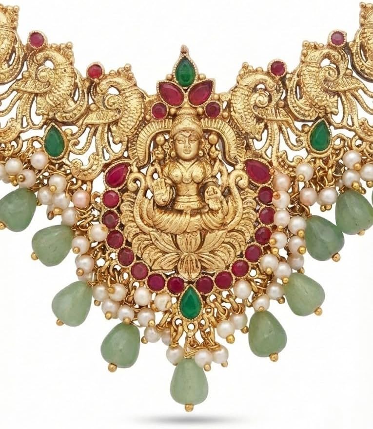 Temple Jewelry Necklace Set for Women – Gold Plated Goddess Lakshmi Design Statement Necklace with Matching Earrings, Green & Red Stones, Traditional Indian Bridal Wedding Jewelry