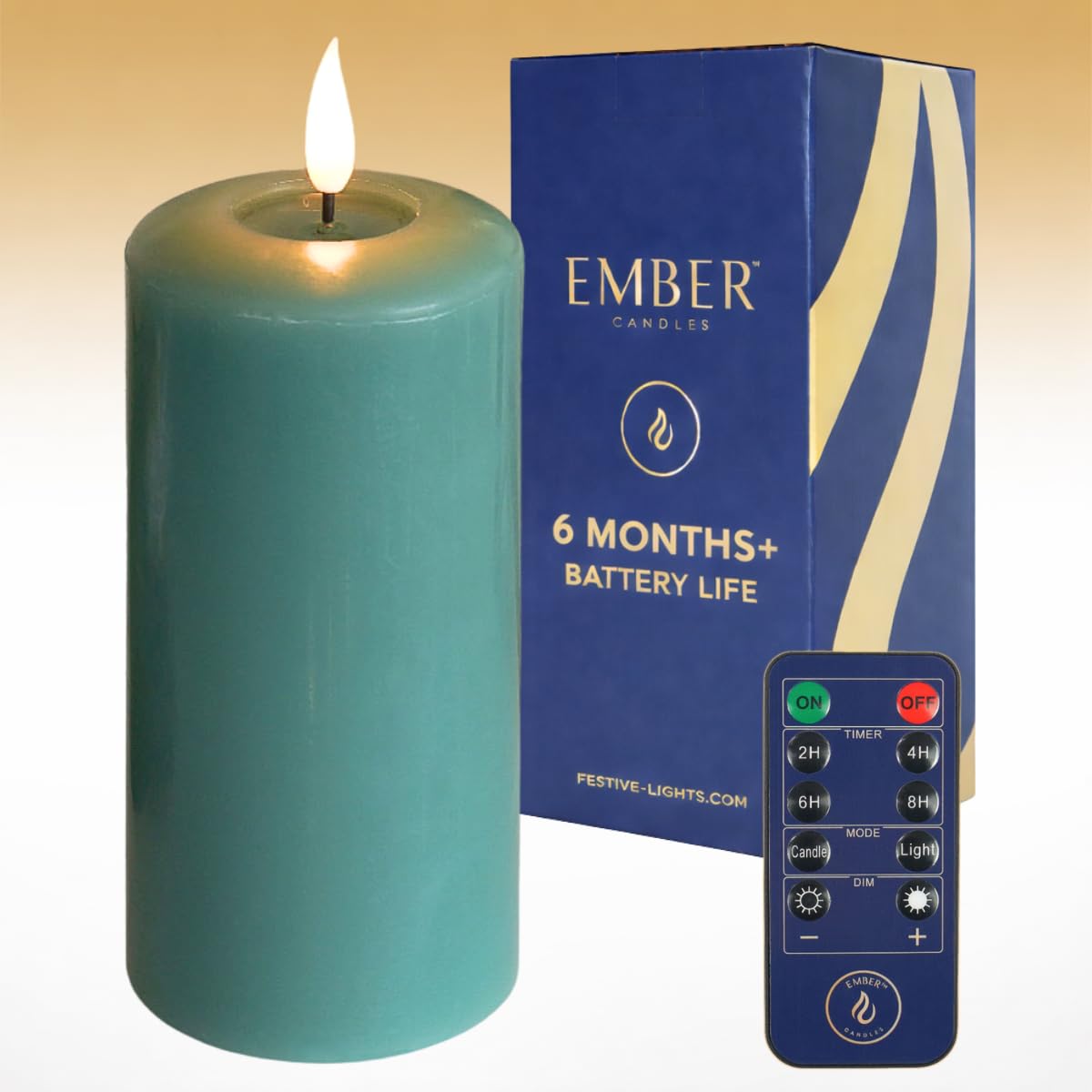 Ember Candles™ 15cm Signature Sage Green LED Flickering Battery Candle – 100% Real Wax, Ultra-Realistic, Flameless, Hand-Poured Design, 6-Hour Timer for Safe Indoor Use (with Remote Control)