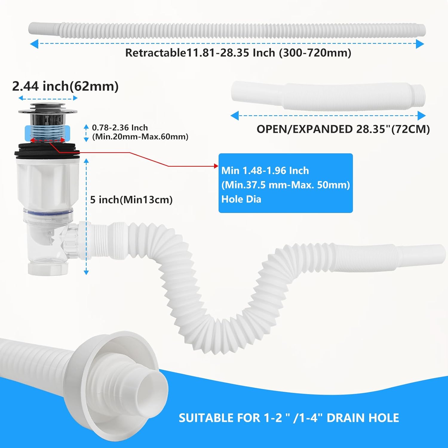 Bathroom Sink Drain Pipe Kit,Bathroom Sink Drain with Strainer Basket Hair Catcher and pop-up Stopper Flexible Sink Drain Pipe P-Trap，Suitable for drains Including for 1-1/4'' & 1-1/2''，RuQiankun