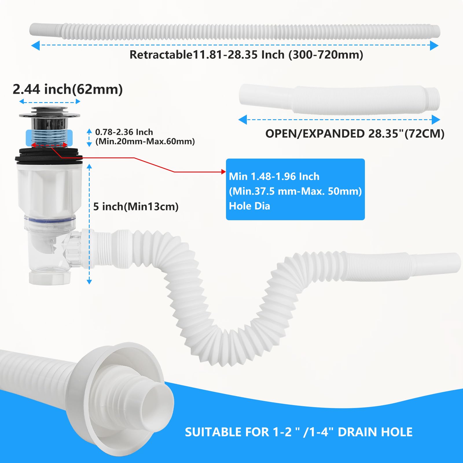 Kit de tubo de drenaje para fregadero, drenaje para fregadero de baño con cesta coladora, recogedor de pelo y tapón emergente, tubo de drenaje flexible para fregadero, trampa P, adecuado para desagües