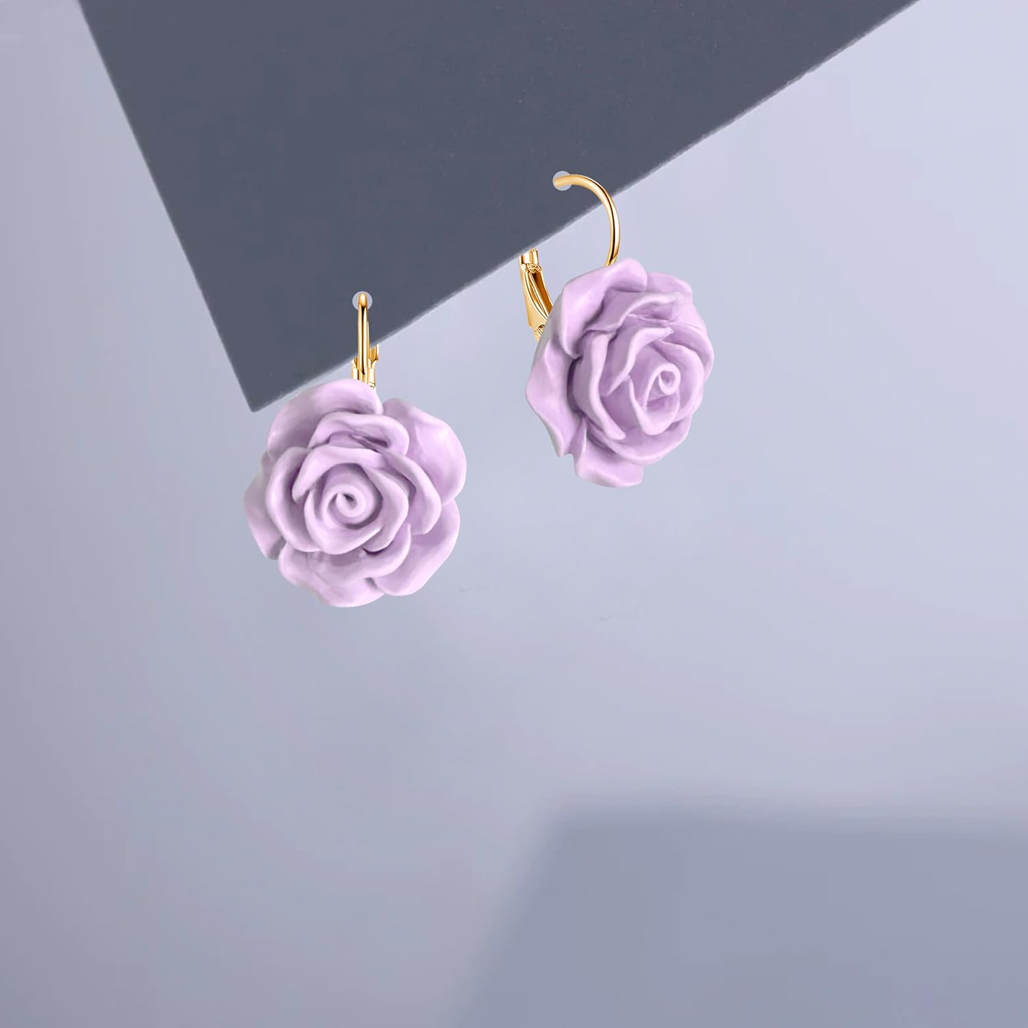 Handmade Bohemian Aesthetic Dainty Acrylic Flower Petal Leverback Earrings Sparkly 14K Gold Floral Dangle Drop Earrings for Women - Image 5