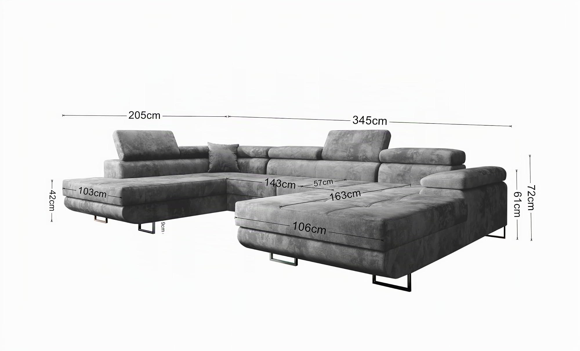 Grau Ecksofa Varberg Velours in U-Form 345 x 72 x 205 cm mit Schlaffunktion und Bettzeugbehälter - Schlafsofa mit Bettkasten - Eckcouch mit Stauraum - Stoff: Monolith 85