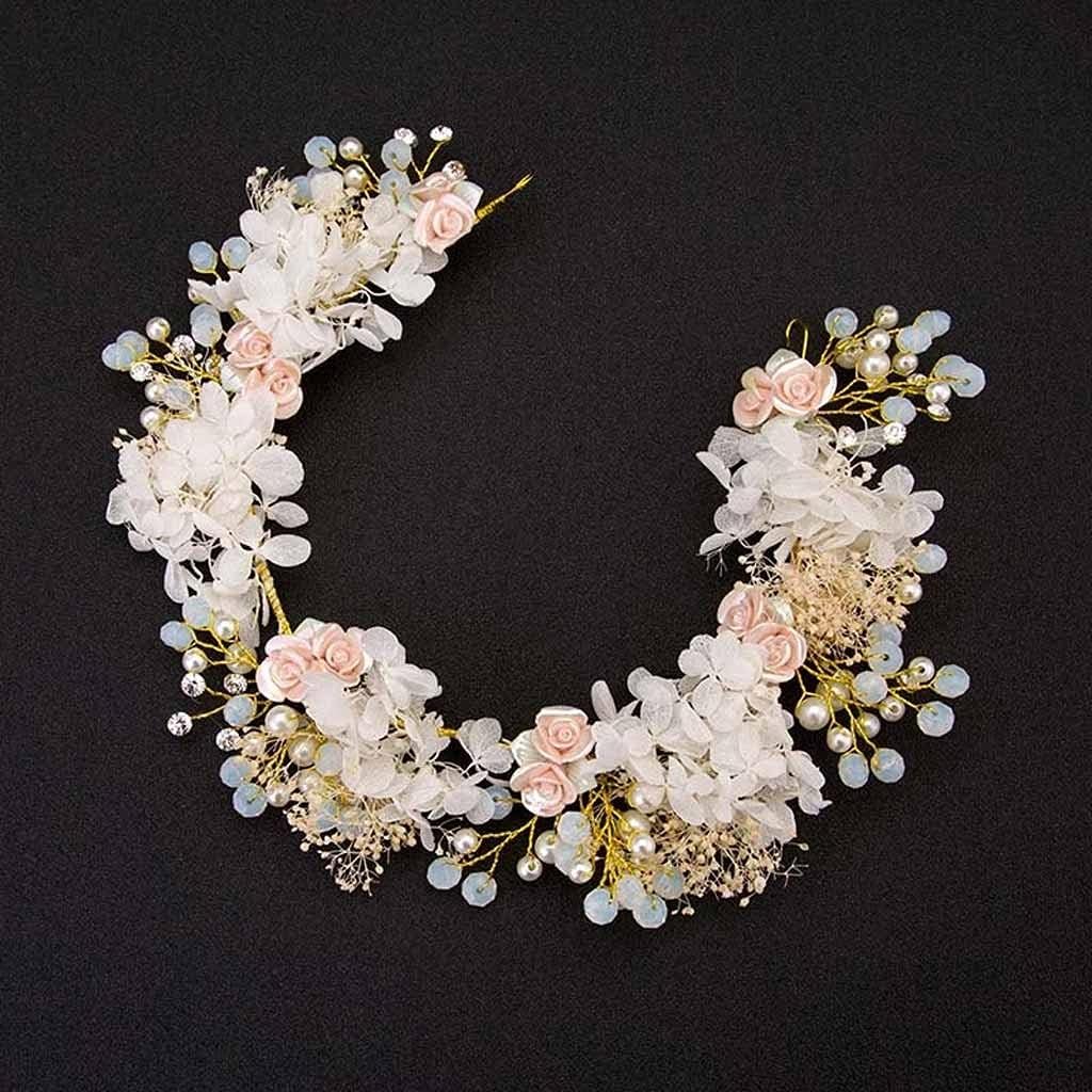 ELEdvb Colorful Rose Flower Headband Pearl Rhinestone Wreath Bridal Floral Hairband Bride Wedding Women Hair Accessory
