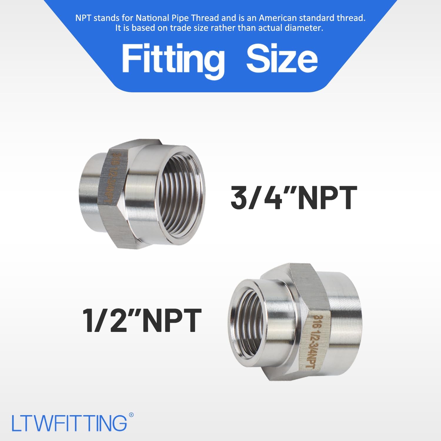 LTWFITTING Bar Production Stainless Steel 316 Pipe Fitting 3/4" x 1/2" Female NPT Reducing Coupling Water Boat (Pack of 5)