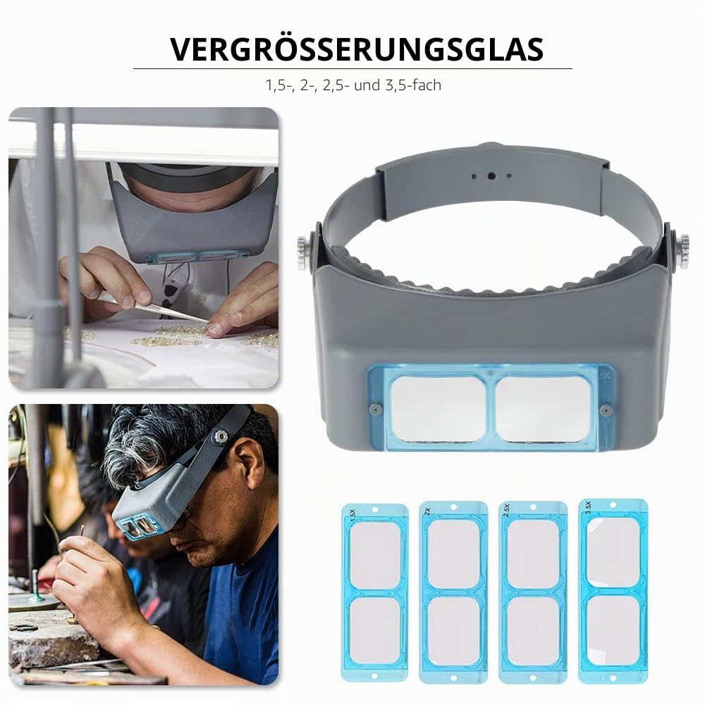 Vergrößerungsbrille am Kopf montierte Lupe HD-Objektiv mit 4 austauschbaren Linsen für Schmuck Uhren Handwerk Reparatur (A)