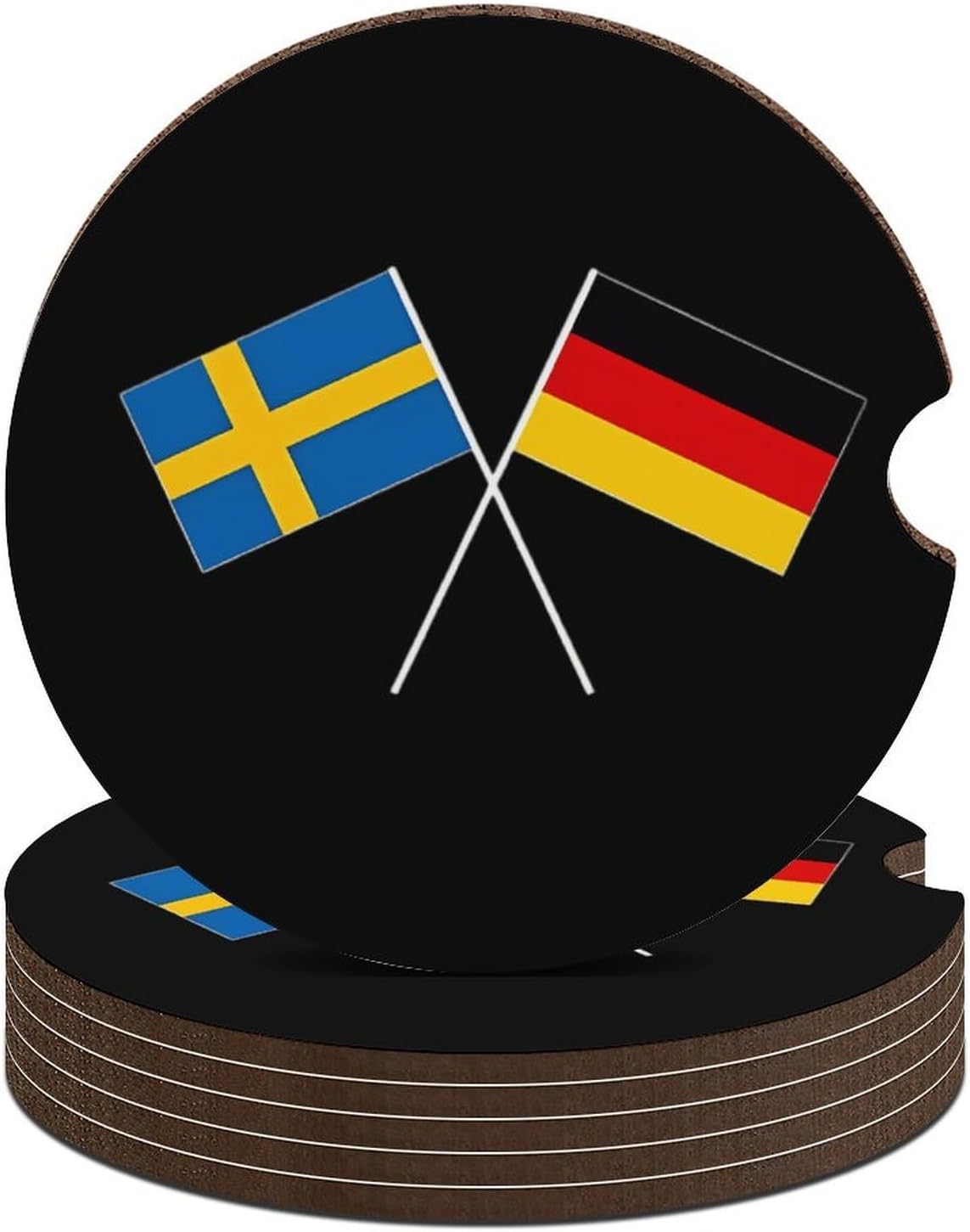 German Swedish Friendship Flag Cute Car Coasters 2.56 Inch Absorbent Cup Holder for Drinks Auto Interior Accessories