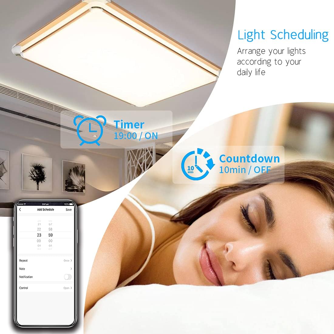 Image showing a person sleeping, with an overlay of the Smart Life app on a phone displaying light scheduling options like 'Timer' and 'Countdown'.