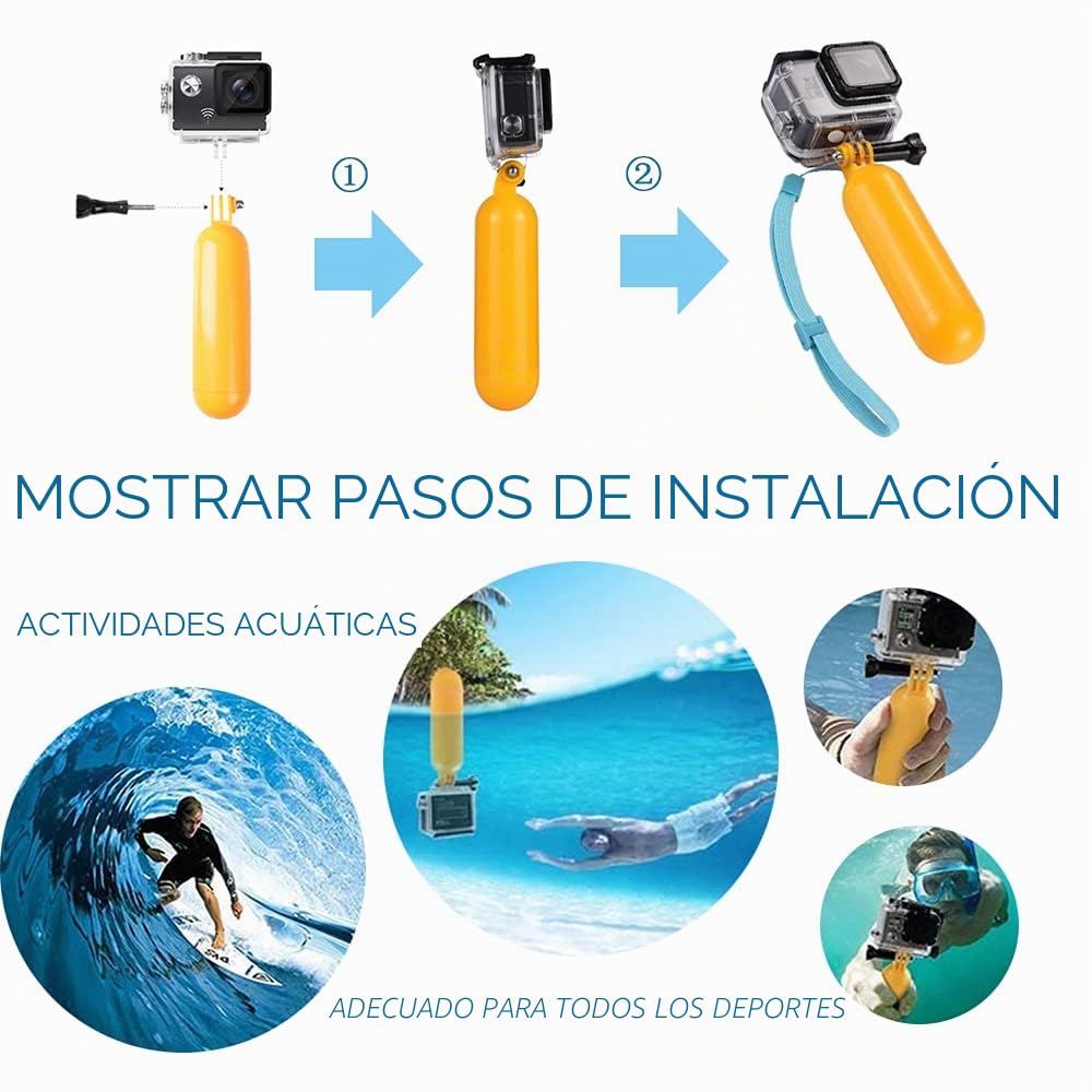 TEKCAM Kit de Accesorios para Cámara de Acción 8 en 1, Arnés de Pecho + Arnés Banda Cabeza + Selfie Stick + Mango Flotante, Compatible con Gopro Hero 13 12 11 10 9 Wolfang Cooau Akaso Surfola