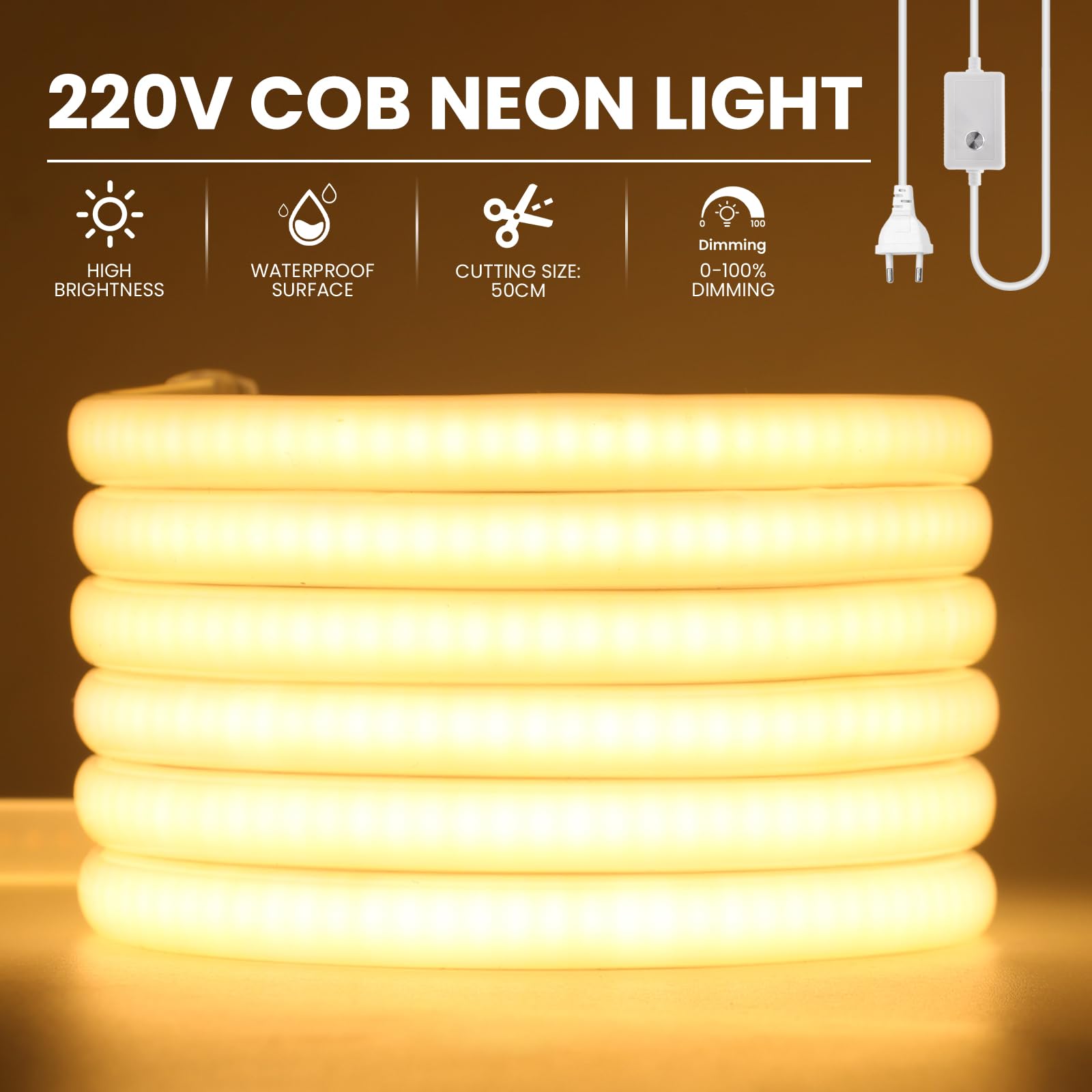 230V COB LED Streifen Neon Strip Light, 288leds/m Dimmbar 50cm Schnittbar IP67 Wasserdicht 220V Flex Lichtband LED Schlauch für DIY TV, Küche, Wohnzimmer, Außendekoration
