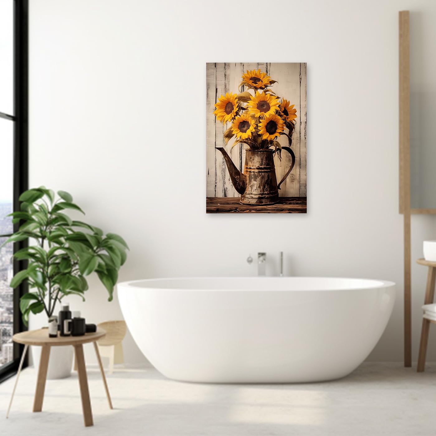 CCWACPP Decorazione da parete per bagno con girasole, stile rustico, su tela, stampa floreale vintage con stampa floreale per casa colonica (girasole - 1, 60 x 90 cm