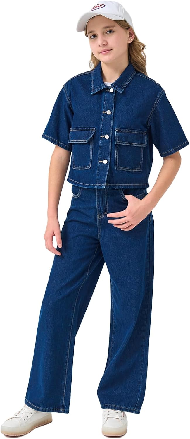 Girls 2-Piece Denim Set, 90s Vintage Short Sleeve Jacket & Straight-Leg Pants, Classic Casual School Outfit 8-12Y