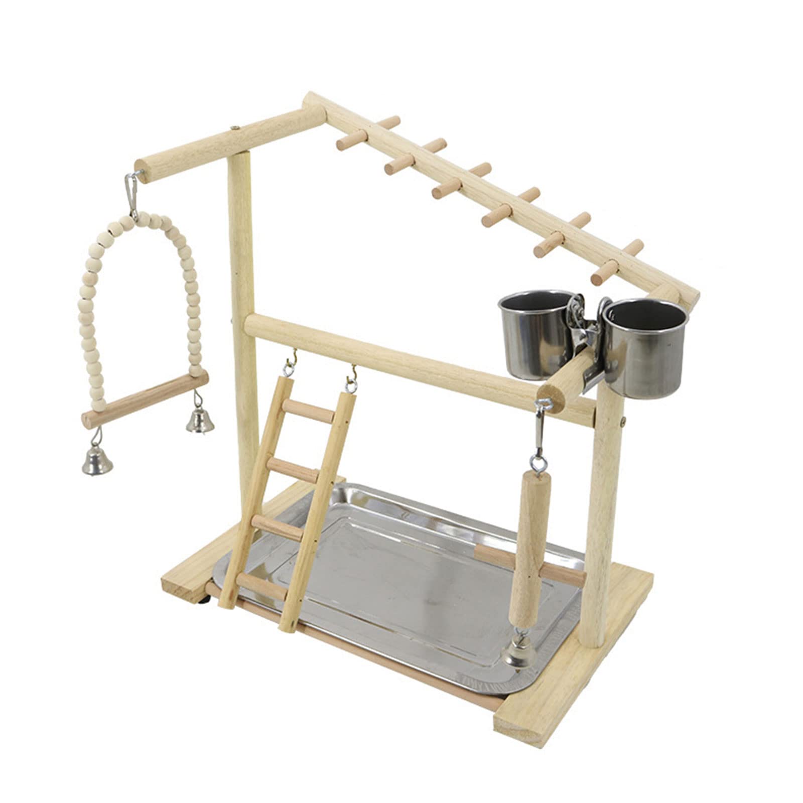 Vogel Sitzstangenständer, Papageien Spielständer mit Edelstahl Tablett, Futterbecher, Leiter, Schaukel, Holz Kauspielzeug für kleine Vögel, Vogelspielplatz, Naturholz Sitzstangenständer mit Schüsseln,