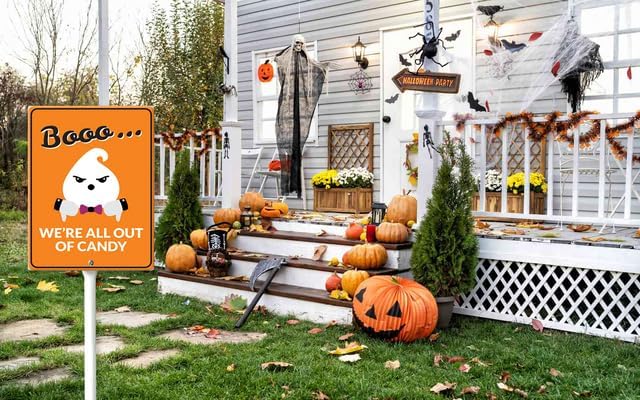 Miniatura 2 de Letrero de Halloween para patio, decoración con texto en inglés "Boo All Out Of Candy", letreros decorativos para jardín, estacas de aluminio para