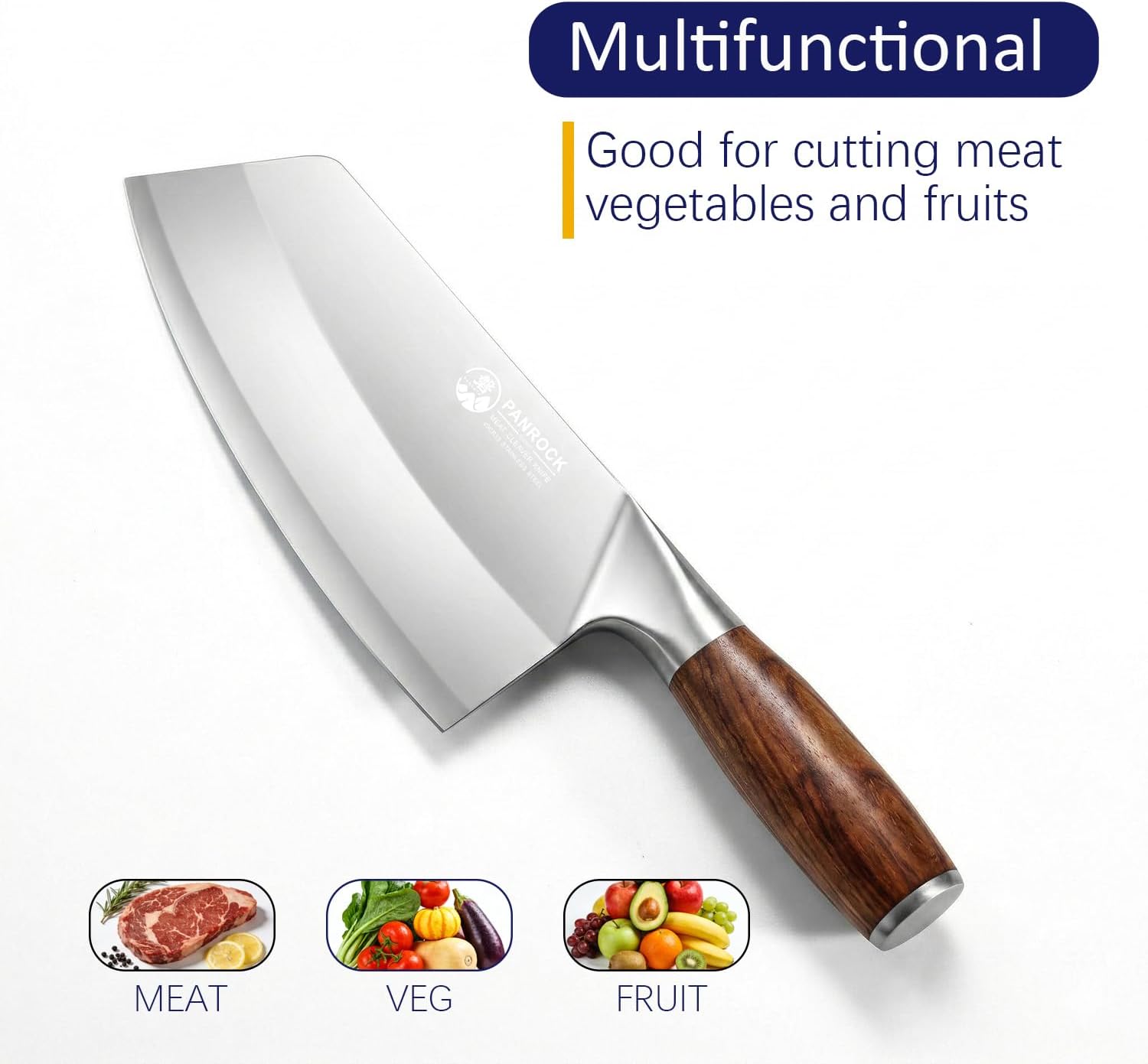 PANROCK 7 Inch Meat Cleaver - High Carbon Stainless Steel Multipurpose Vegetable Chopper & Slicer - Razor Sharp Kitchen Chopper with Ergonomic Wooden Handle for Meat, Veggies & Daily Cooking