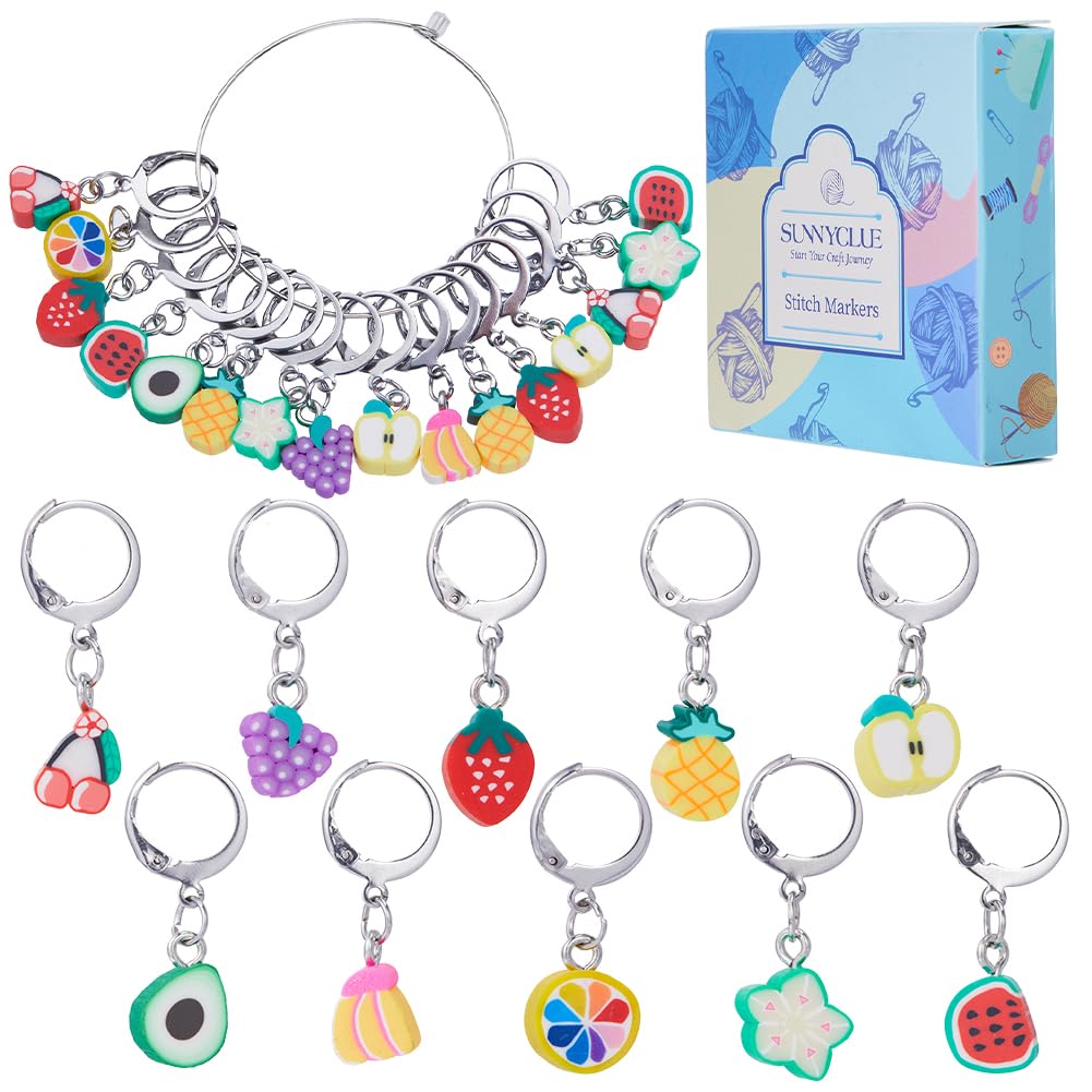 SUNNYCLUE 1 Box 40Pcs Stitch Markers Locking Crocheting Markers Knitting Fruit Polymer Clay Beads Removable Clip on Charm Leverback Clasps Crochet Stitch Marker for Yarns Knit Crocheting Sewing Adult