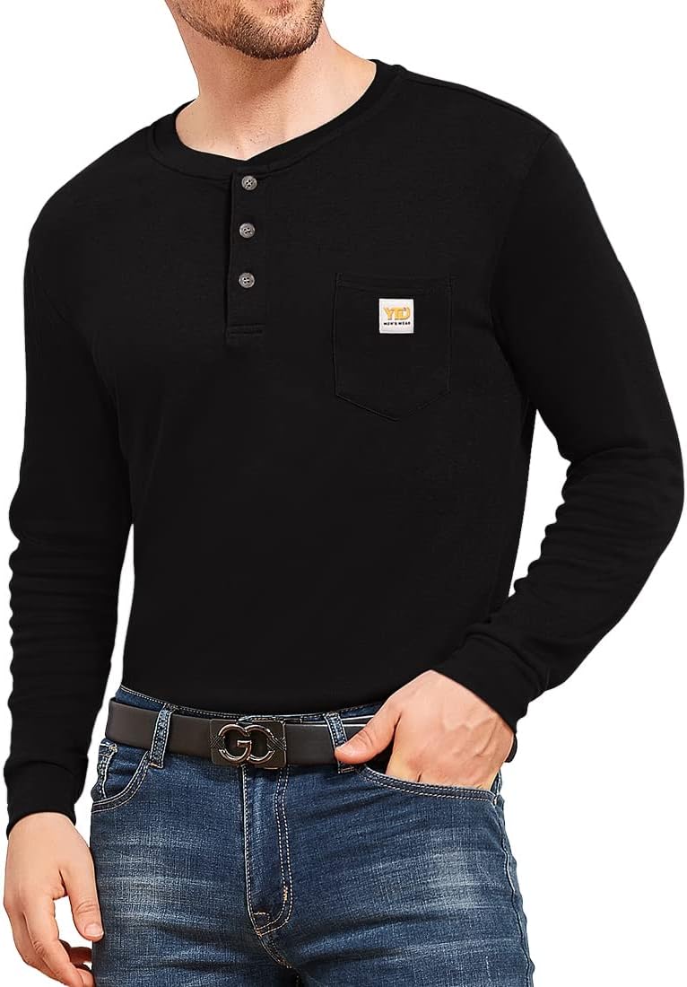 YTD Men's Loose Fit Heavyweight Long Sleeve Pocket Henley T-Shirt Medium 01 Long Sleeve Black