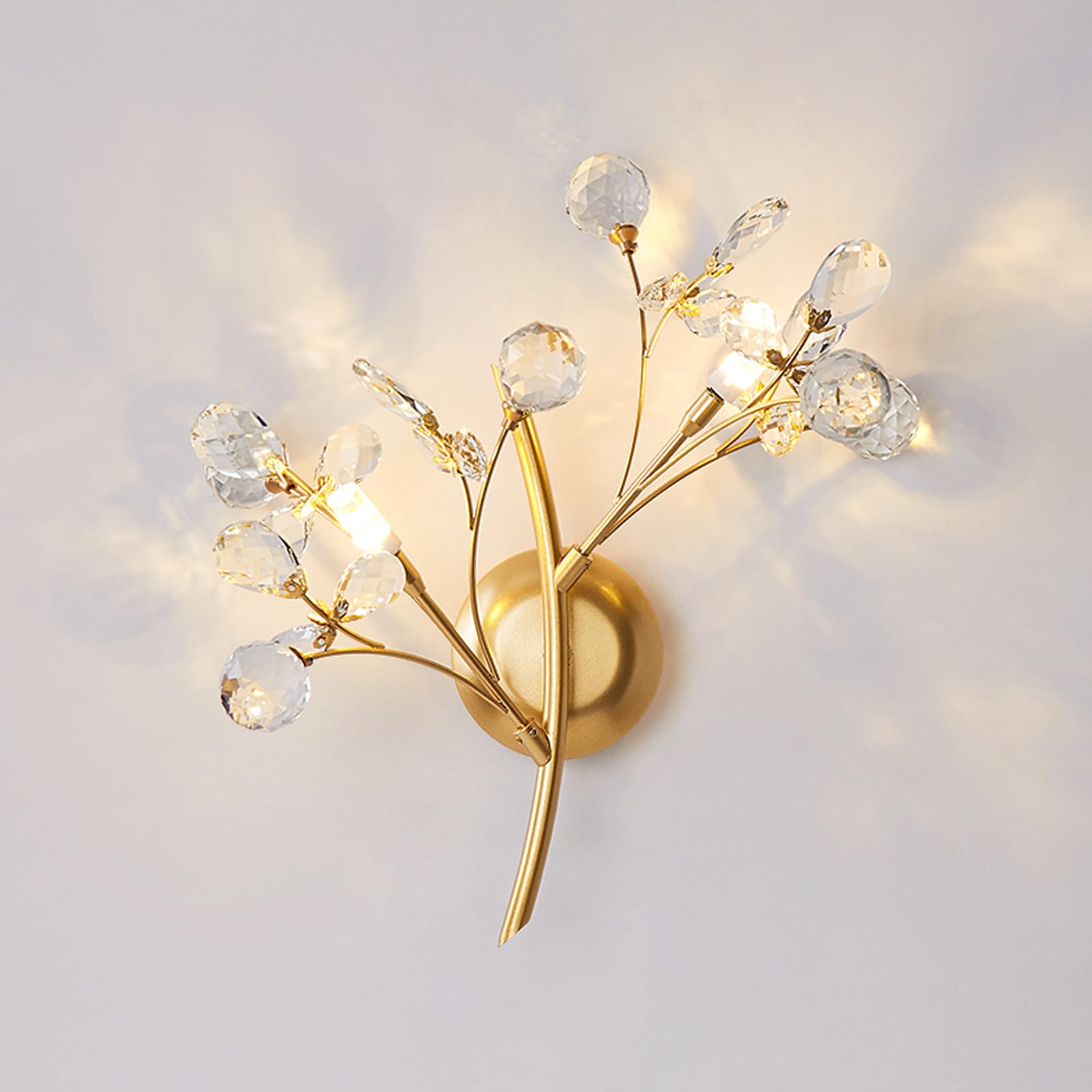 HUAYUSEDF Modern Crystal Wall sconces 3 Light Flower Moulding Fixtures Vintage French Lamp for Bedroom Living Room Corridor Restaurant Gold(2 Light)