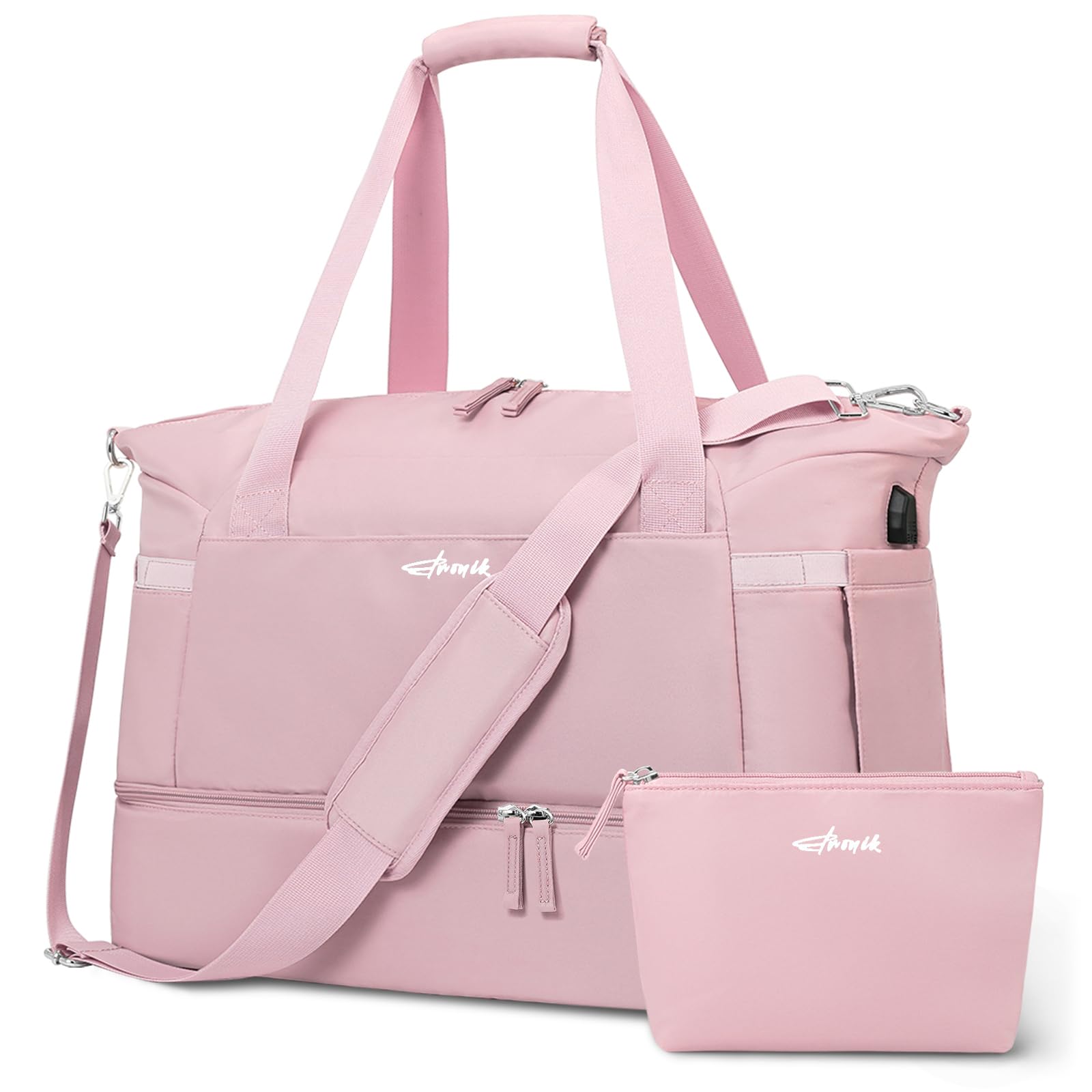 Gym Bag for Women, 45L Carry On Travel Duffel Bag with Shoes Compartment, Weekender Overnight Bag with Wet Pocket & USB Charging Port for Women, Travel, Gym, Weekend, Large Size (Beige)