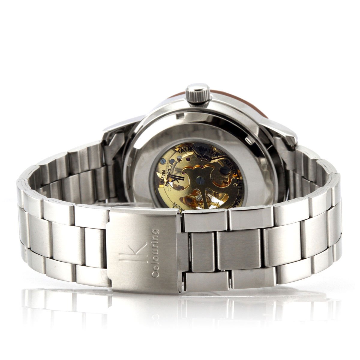 Alienwork IK Reloj Automático Hombre Mujer Plateado Pulsera de Metal Acero Oro Esqueleto Fondo de Vidrio