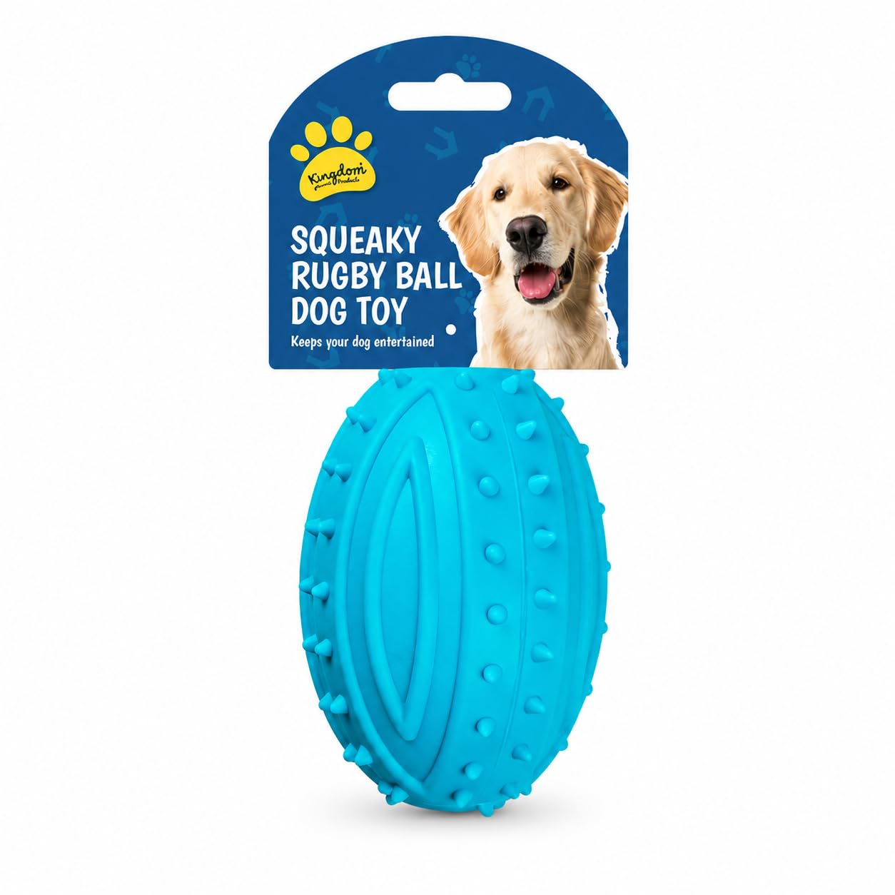 MAR Rugby Ball Squeaky Rubber Dog Toy, Textured Grip Chew Toy for Dogs, Built-In Squeaker for Fetch & Play, 9 x 7 cm, Blue Pink and Green (Blue)