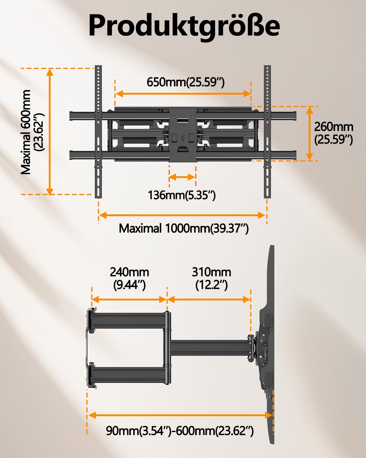 Heavy Duty XXXL TV Wandhalterung Schwenkbar für 60-120 Zoll Flach & Curved Fernseher, Fernseher Halterung für Wand, Neigbar und Ausfahren TV Halterung bis 125kg, VESA 200x100mm zu 1000x600mm