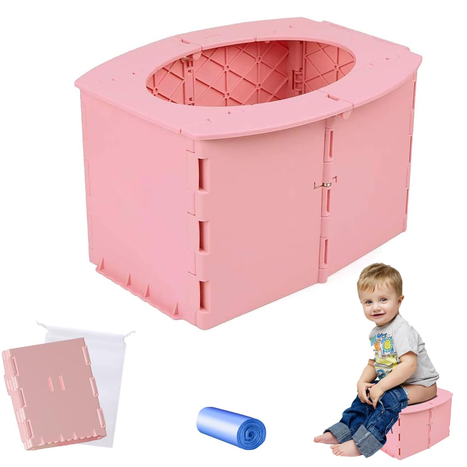 Faltbares Töpfchen Kinder,Töpfchen für Unterwegs,Baby Kindertoilette,Faltbar Toiletteneimer Reisetoilette,Tragbare Kindertoilette mit Aufbewahrungstasche,Hilft bei Problemen mit Toilette Baby,Rosa