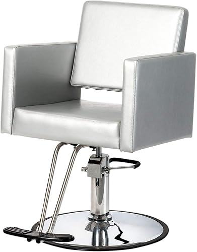 Buy-Rite Argento - Silla de peluquería - Diseño cuadrado moderno, acabado de vinilo plateado, asiento extra ancho, marco resistente, bomba