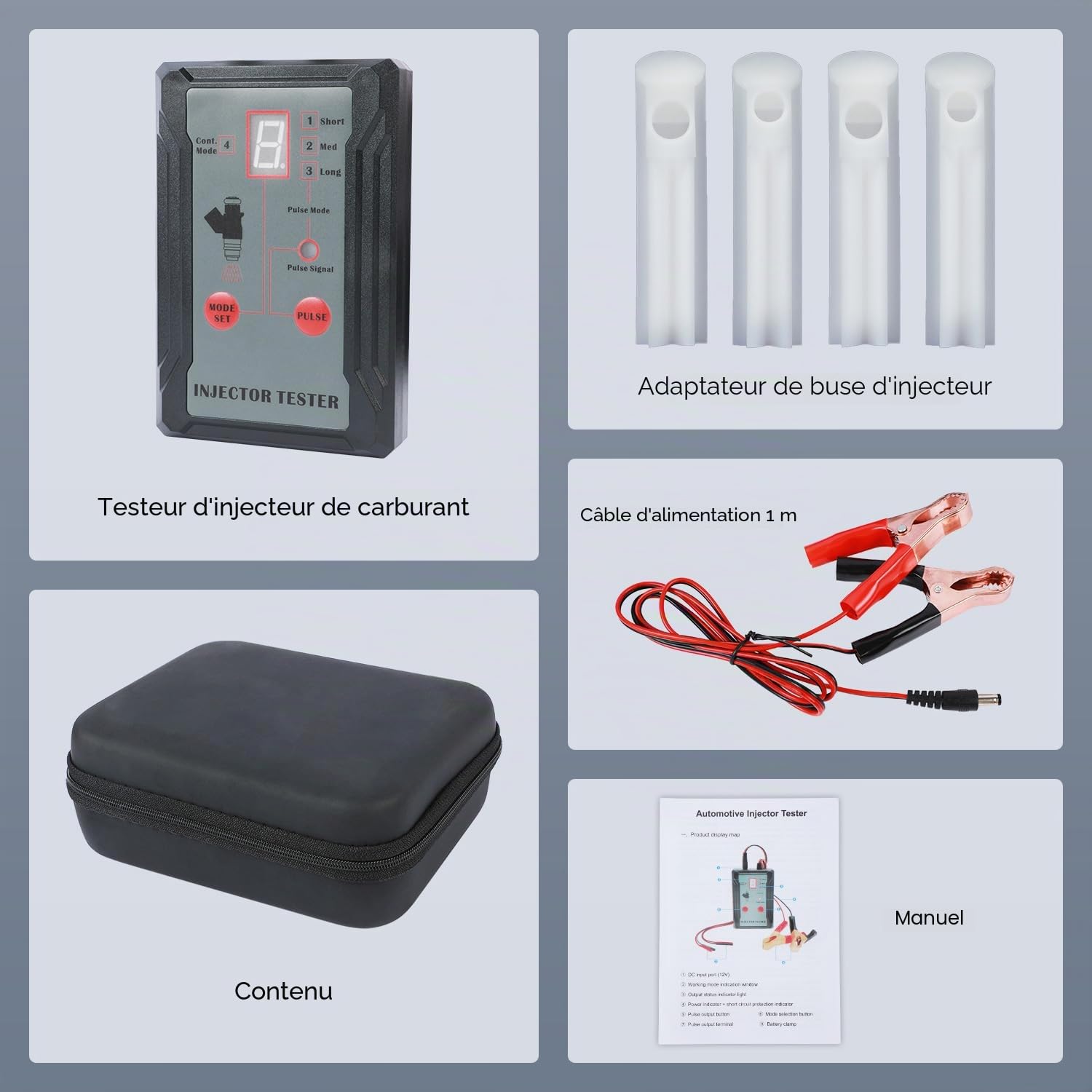 Mr CARTOOL Testeur d'injecteur Automatique 12V avec 4 Adaptateur de Nettoyage et 8 Modes d'impulsion pour Injecteur de Carburant Testeur de Pression d'injecteur, Test de 2 Injecteurs Synchronisés