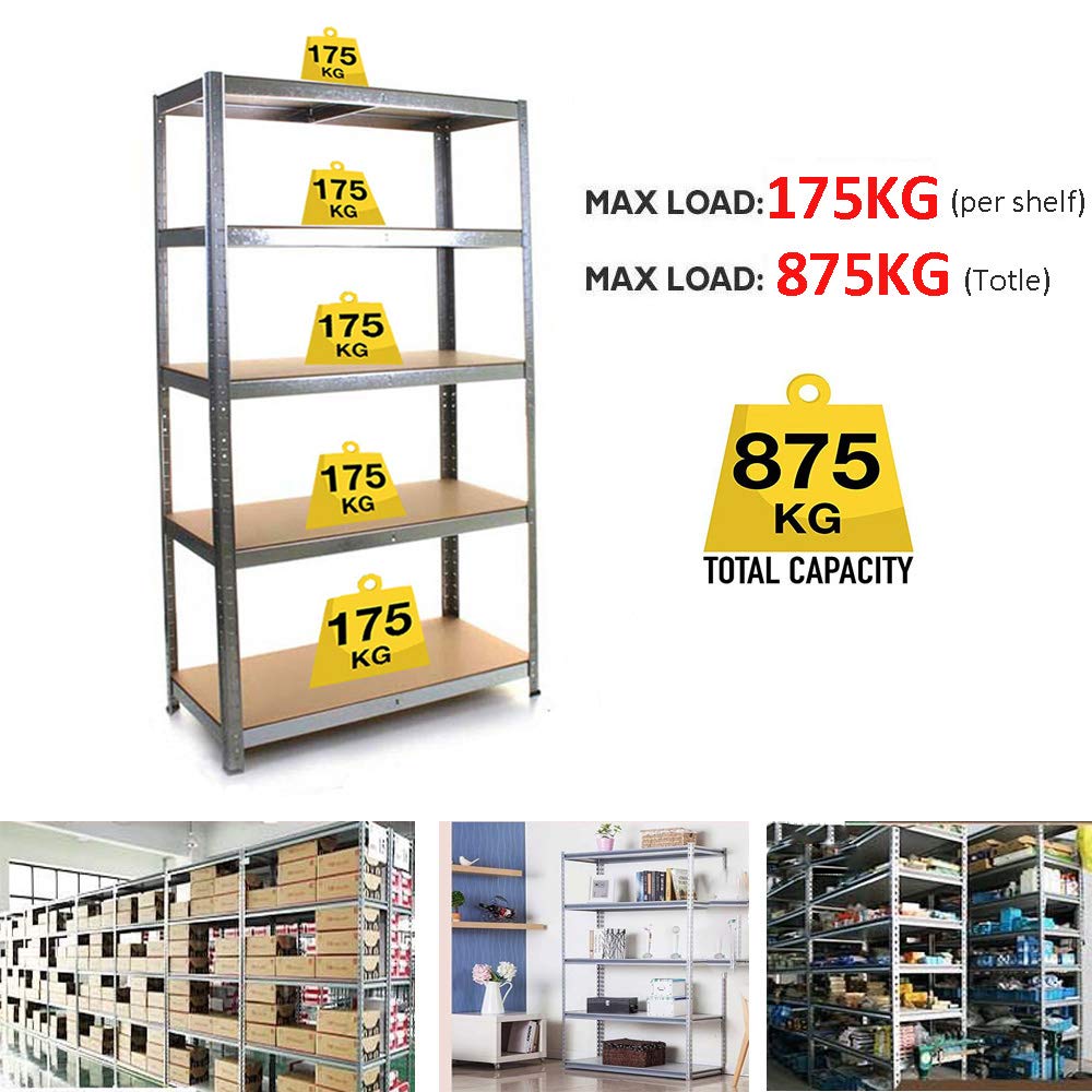 Regał magazynowy do dużych obciążeń, metalowy, 200 x 100 x 50 cm, regał wtykowy z 5 półkami, regał z regulacją wysokości – obciążenie do 875 kg, regał do piwnicy, regał na opony, systemy regałowe, regał warsztatowy, galwanizowany