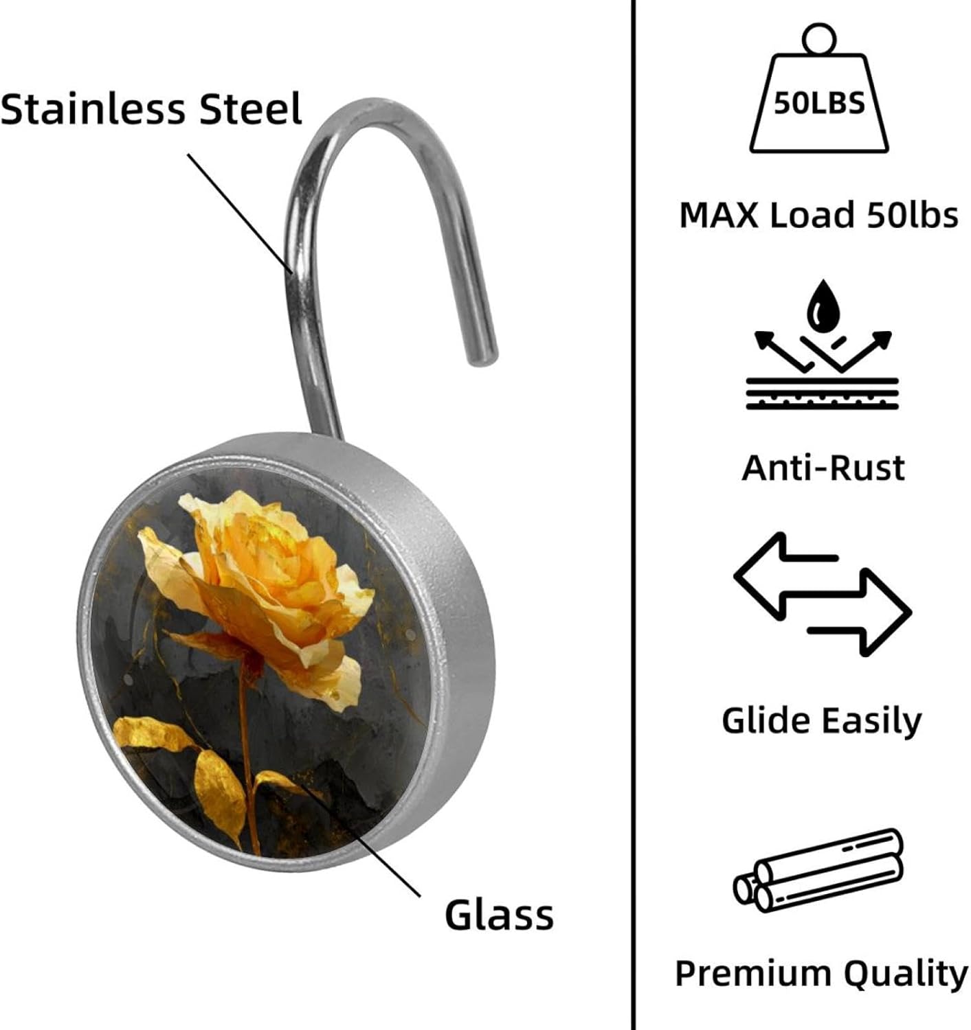 Golden Rose (1) Round Crystal Glass Decorative Shower Curtain Hooks with 3D Pattern Visual, Rust Proof Shower Curtain Rings-12 Pack