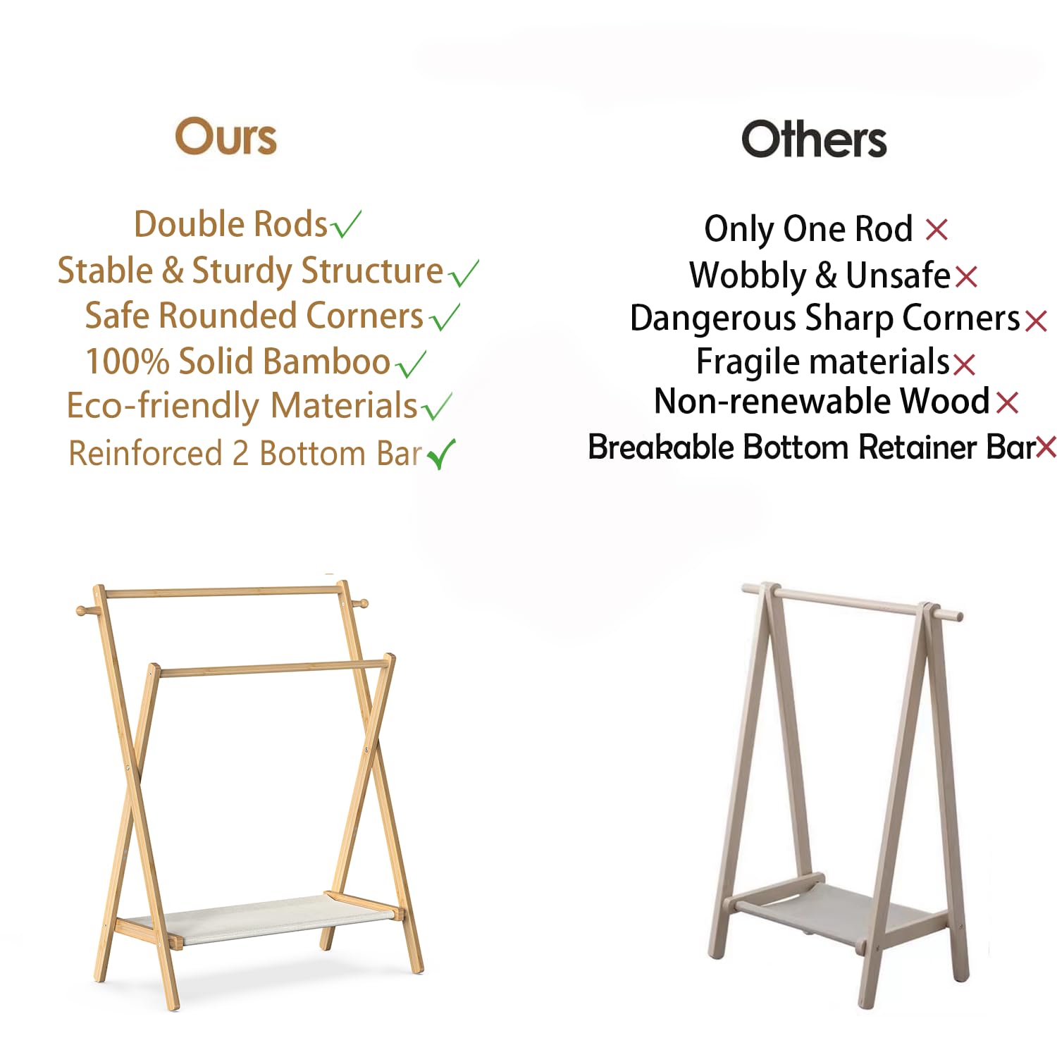 BAMBOOHOMIE - Perchero de ropa para niños, perchero pequeño para mascotas pequeñas, estante de vestir para niños con estante de almacenamiento y varillas dobles, estante plegable para ropa infantil