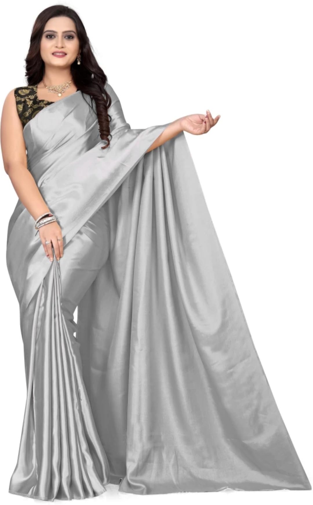 Solid/Plain Bollywood Satin Saree (GREY)-image-14