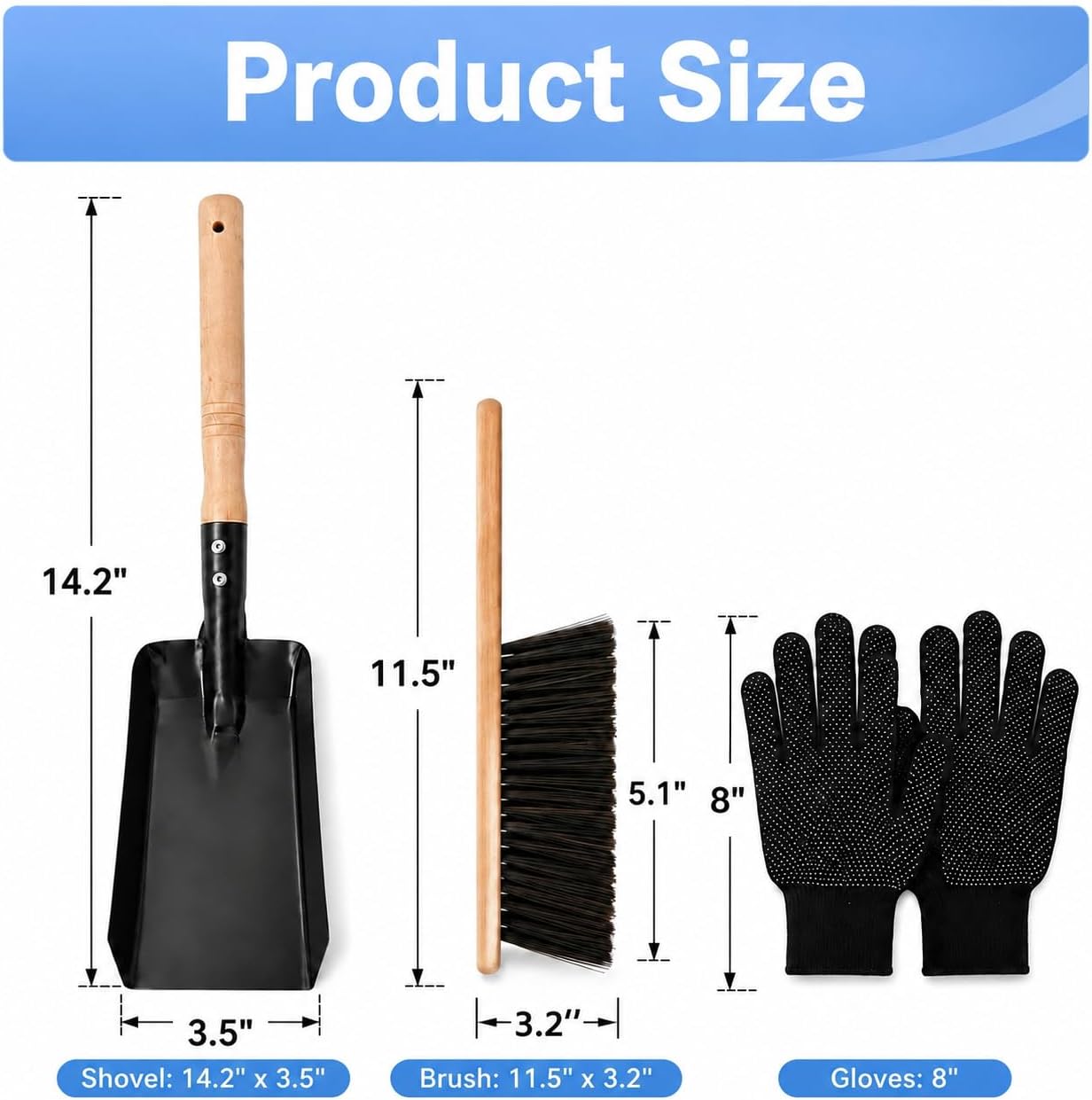 Fireplace Ash Shovel and Brush Set with Gloves