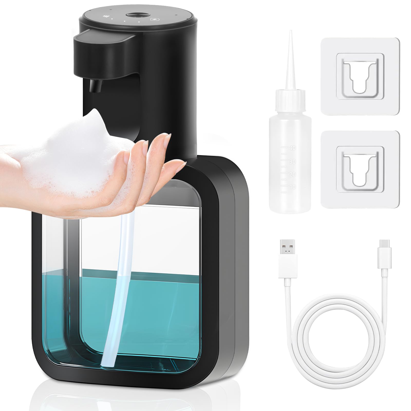 Dispensador de Jabón Automático,500mL Gran Capacidad, Niveles Ajustables, Batería Recargable por USB, IPX5 Resistente al Agua para Baño, Cocina, Hotel y Zonas Públicas (Espuma)