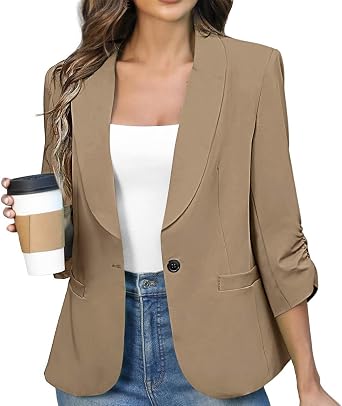 Womens Ruched 3/4 Sleeve Suit Jackets Dressy Casual Blazer Slim Fit Jacket Padded Shoulder Pockets Fully Lined Suit