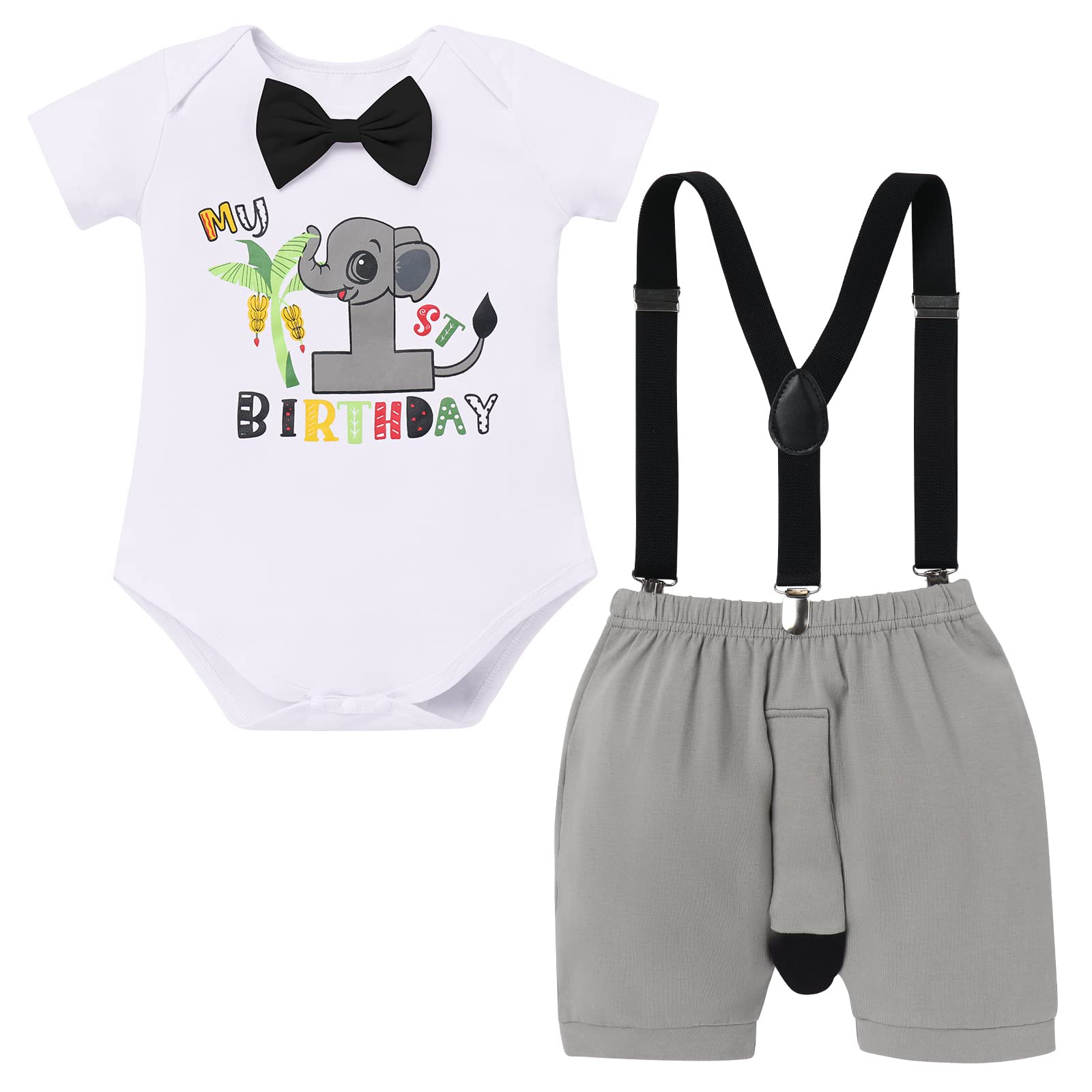 FYMNSI Bebé Niños Mi Primer Cumpleaños Trajes Safari Disfraz de Animale Selva Mameluco de Manga Corta Shorts Tirante con Cola Ropa de 1 Año Fiesta Fotografía Regalo Vestir