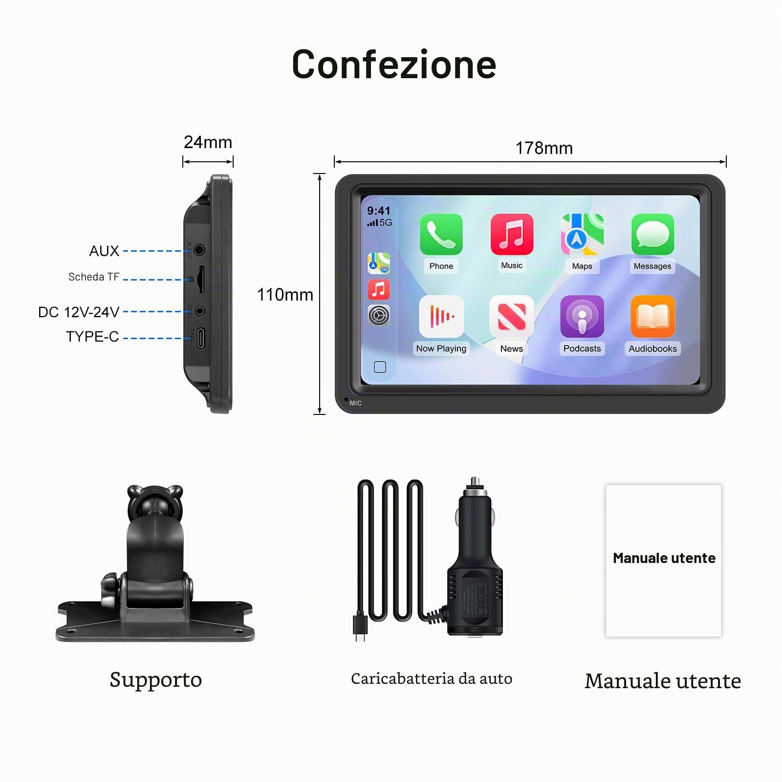 Display portatile CarPlay wireless 7" IPS per auto con Android Auto | Schermo touch IPS modalità giorno/notte Bluetooth trasmettitore FM AUX MirrorLink compatibile 12-24V e connessione