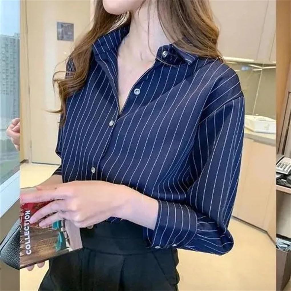 Women Striped Shirt Vintage Chic Loose Long Sleeve Top Office Ladies Casual Turn Down Collar Match Blouse