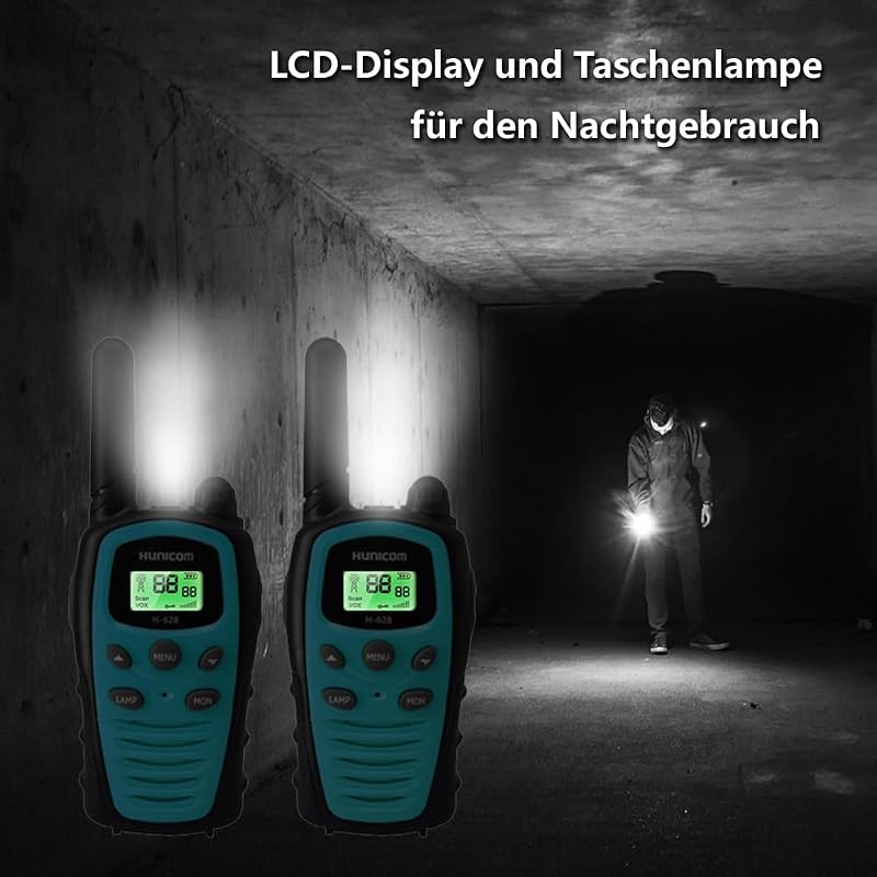 HUNICOM Walkie Talkie Adóvevő 5 km Hatótávval - 16 Csatornás PMR446 Kézi Rádió LED Lámpával, VOX Kéz Nélküli Funkcióval, Kék