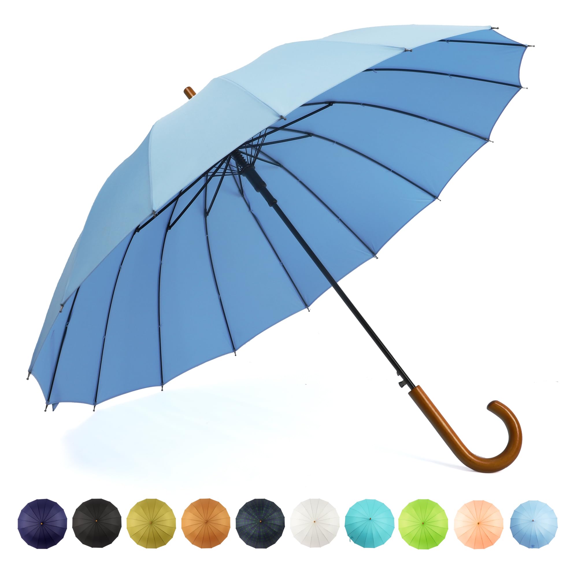 SoulRain 16 Rippen 121,9 cm Stockschirm, automatisches Öffnen, einfarbig, modisch und einfach, bogenförmiger klassischer Holzgriff, winddicht, unzerbrechlich, Regenschirm (Sora)