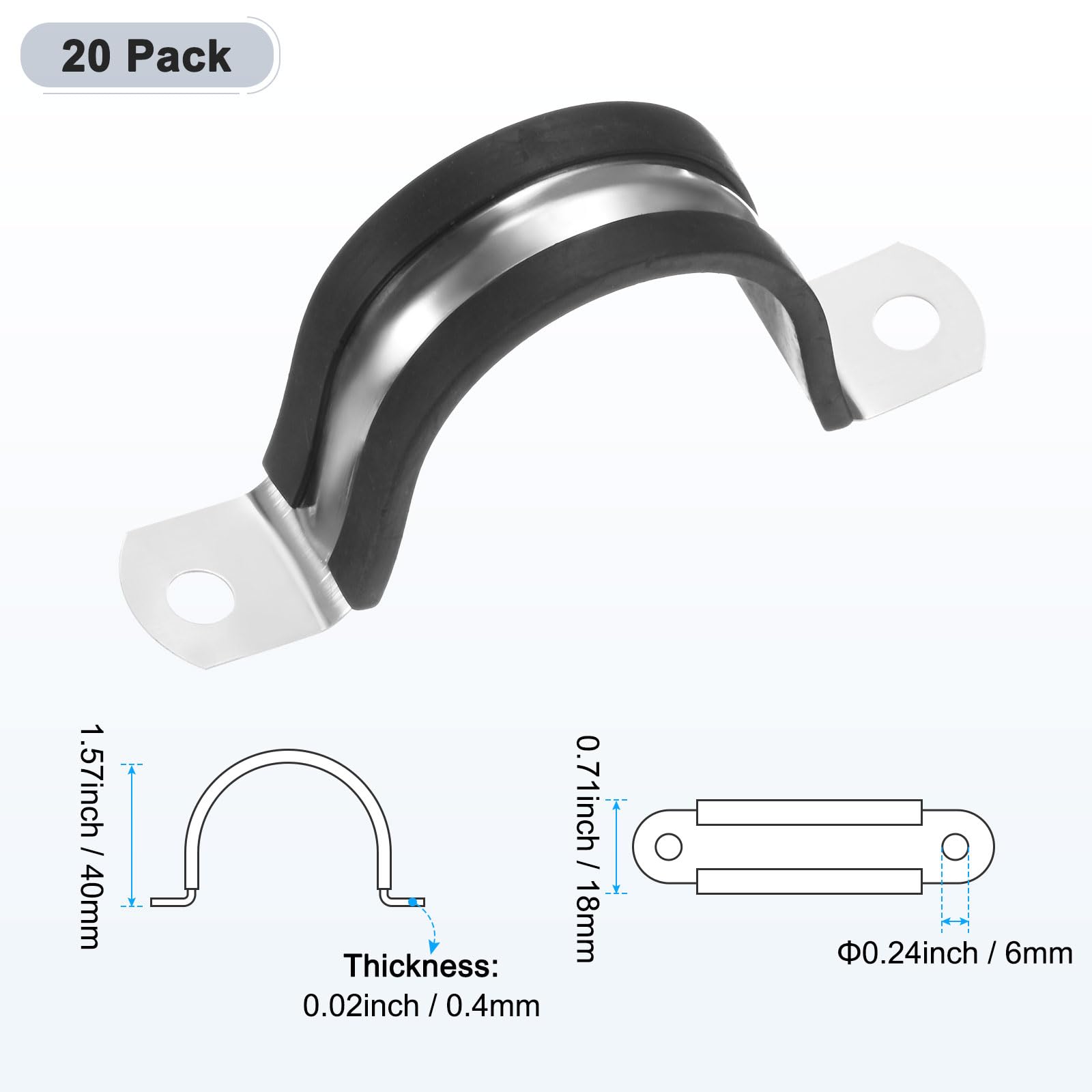 M METERXITY 20-Pack Cable Clamps, 1-9/16 Inch/ 40 mm 304 Stainless Steel Rubber Cushioned Insulated Cable Clamp U Shape Metal Holder for Tube/Wire/Pipe/Loop Installation - Image 3