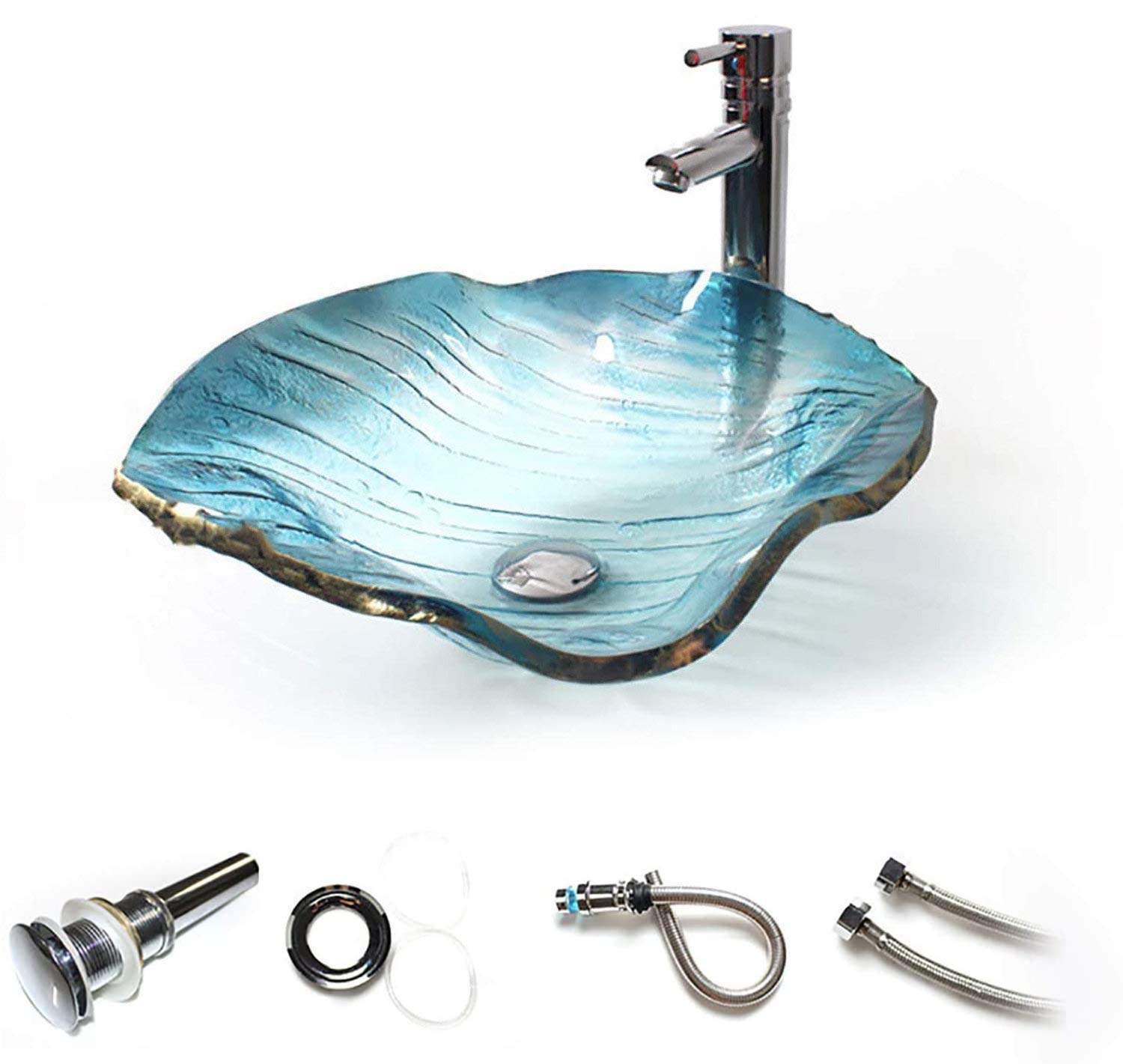 APENCHREN Countertop Basin with Blue Lotus Leaf Shape,Tempered Glass Washing Bowl With Golden Edges,Bathroom Washbasin Sink Vessel,B