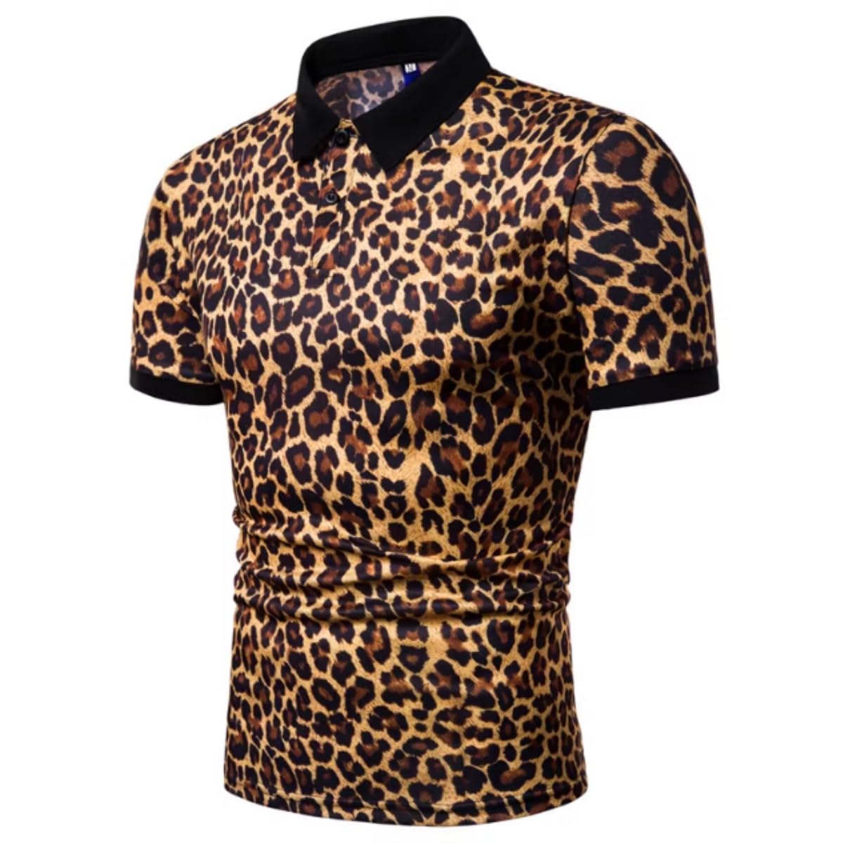 Herren Poloshirt mit Leopardenmuster, kurzärmeliges Casual-T-Shirt mit Leopardenmuster, knopfverschlossen normaler Stehkragen Golf- & Tennistop, klassisches schlankes Basic-Poloshirt für den Sommer