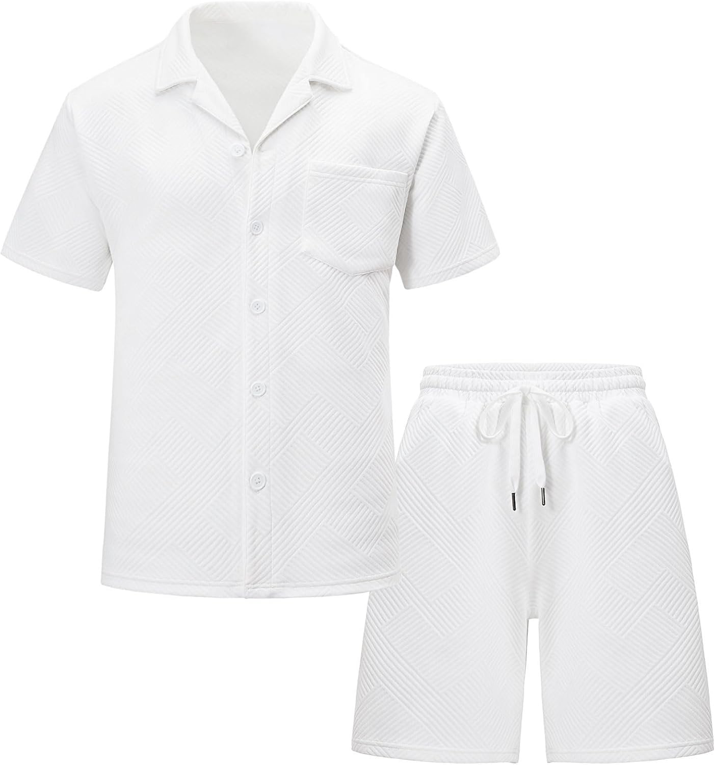 UOUA Mens Short Sets 2 Piece Summer Outfits Jacquard Short Sleeve Button Down Shirt and Shorts Set image 2