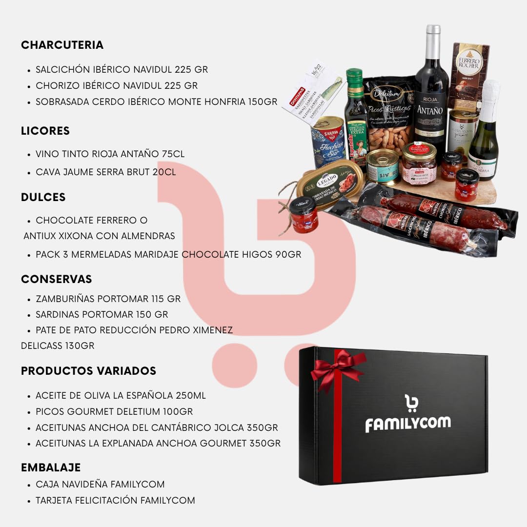 FAMILYCOM Cesta Gourmet para regalar - Surtido con Chocolates originales de regalo - Lote de embutidos, Conservas, Selección de vinos, Champagne, Aceite De Oliva Virgen - Regalo Hombre, Mujer