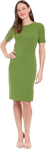 London Times Women's Dresses Short Sleeve Knee Length Crew Neck Button Side Care