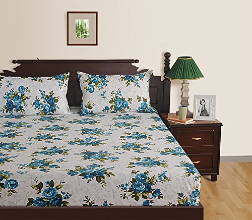 Image of Swayam Pure Cotton Single Bedsheet with 1 Pillow Covers | 160 TC Soft Breathable Bed Sheet | Floral Printed | Size 60 x 90 inch | Comfortable & Durable for Bedroom - White & Blue